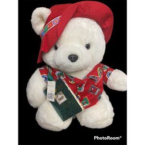 Santa Bear 1993 World Traveler Backpack  Passport Travel Bear Hudson’s Tags Red